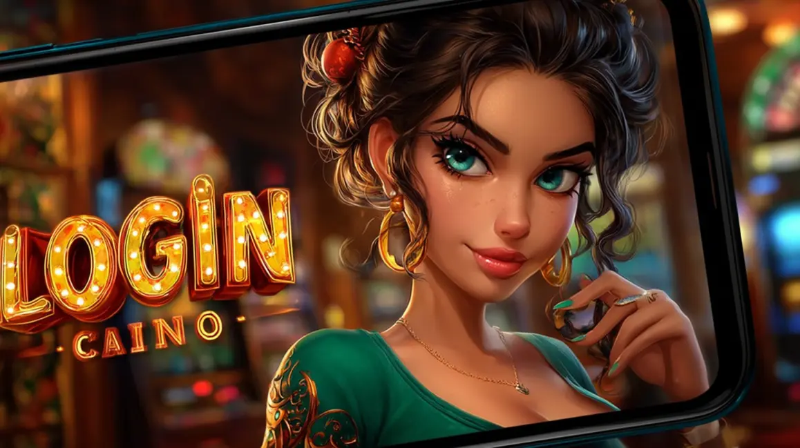 An animated woman is framed by a phone screen showing a 'LOGIN CASINO' sign, inviting you to sign in to the fun and vibrant world of JILI16 online casino games.