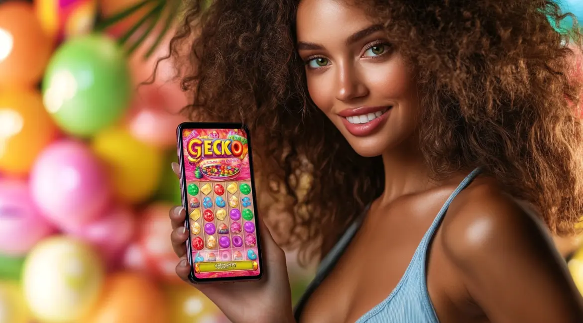 A stylish woman holds a phone with a fun slot game, with the word 'APP' in large letters, inviting you to download the JILI16 app for a vibrant gaming experience.